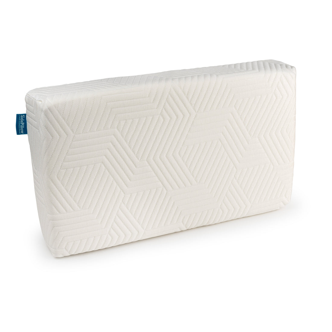 SidePillow kussen rechtop op een witte achtergrond met merklabel