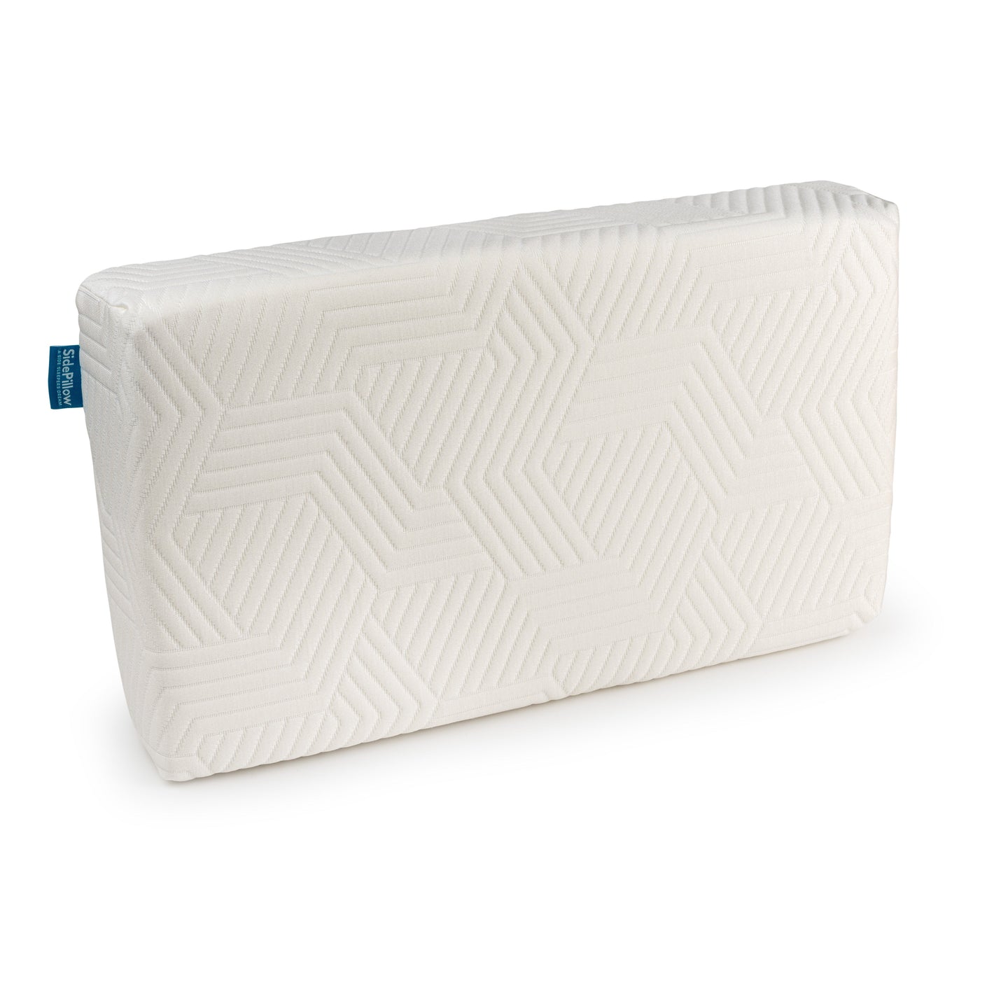 SidePillow kussen rechtop op een witte achtergrond met merklabel