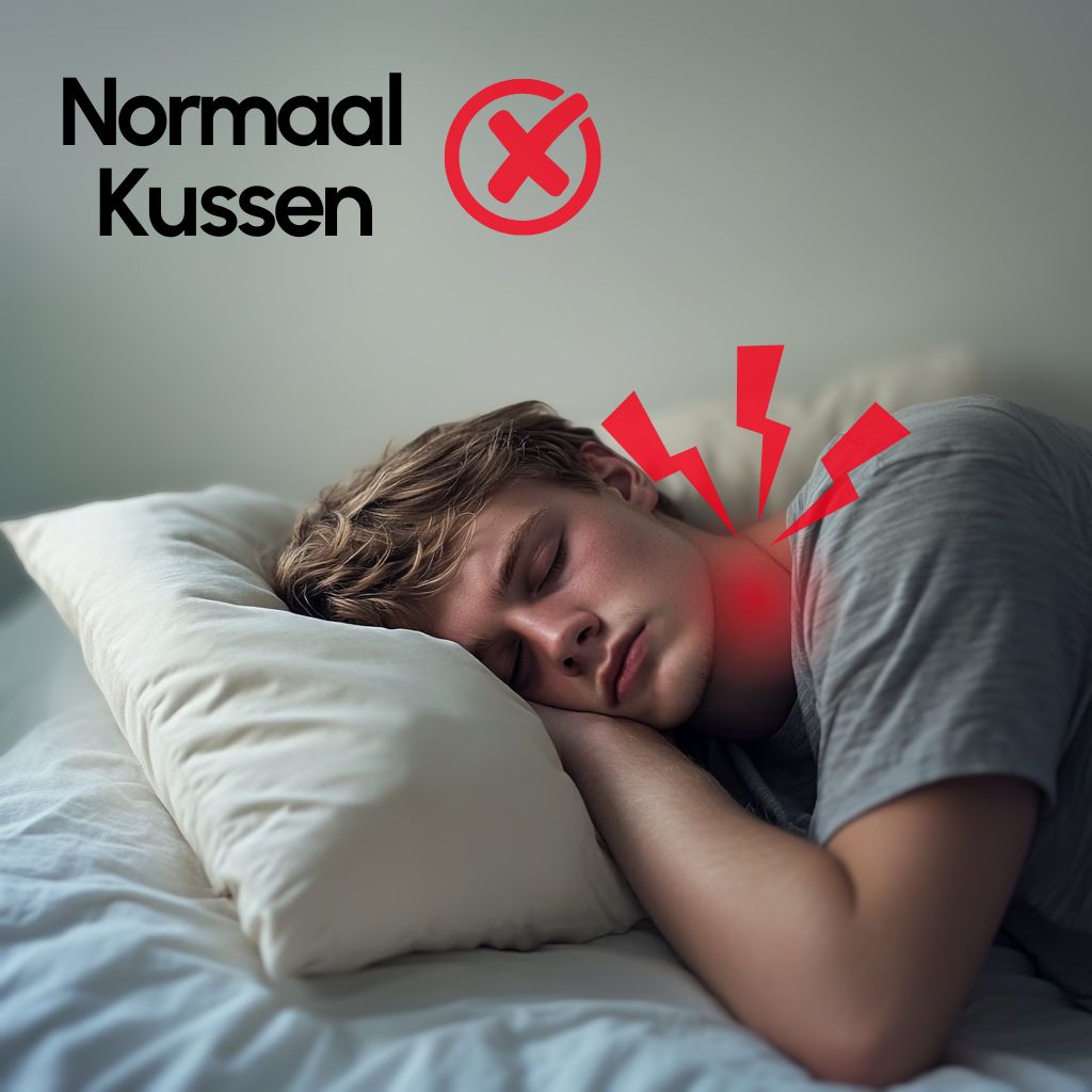 Man met nekpijn op normaal kussen tijdens zijslapen, rode pijnsymbolen en fout-icoon