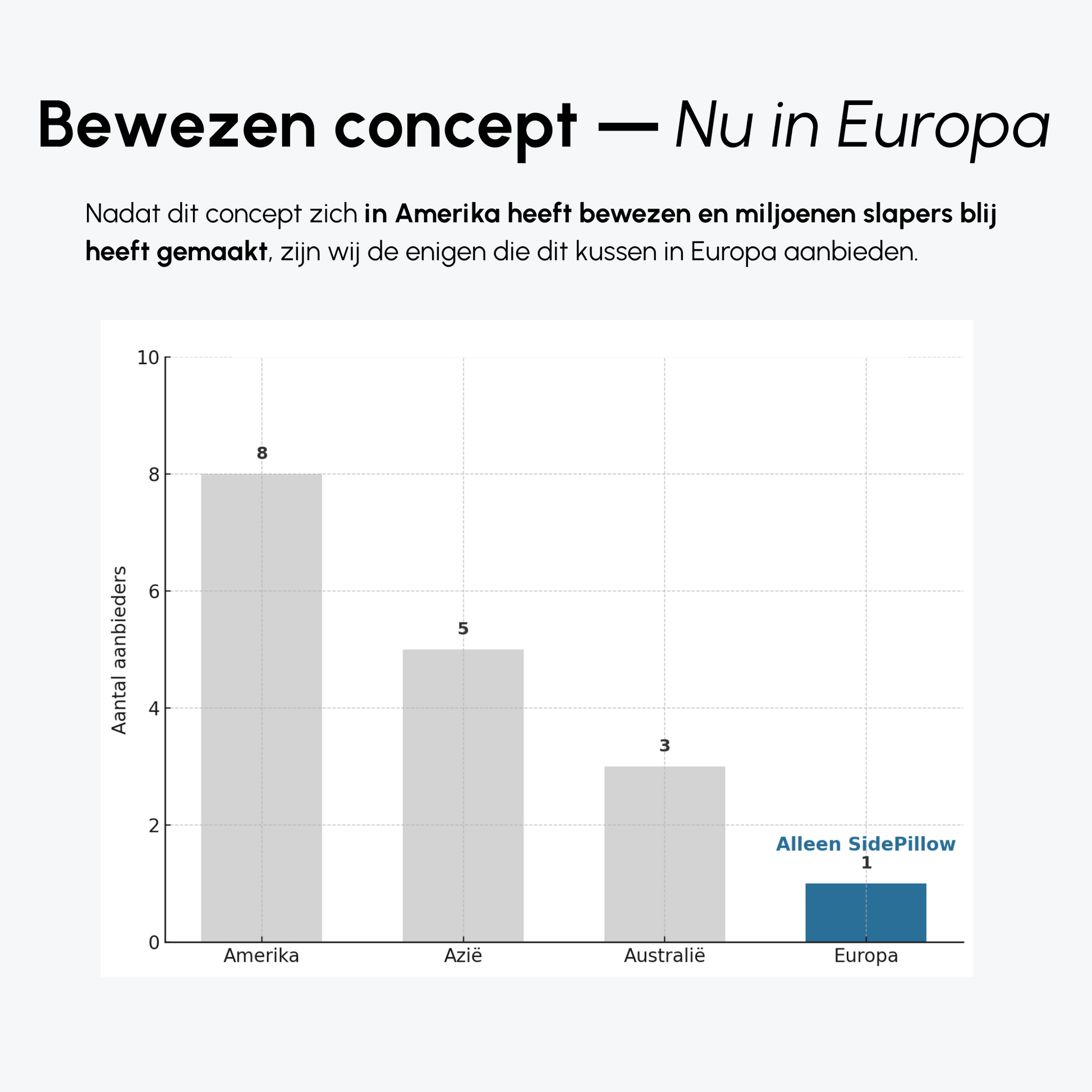 Grafiek met aanbieders rechthoekige kussens wereldwijd versus Europa, SidePillow uniek in Europa.